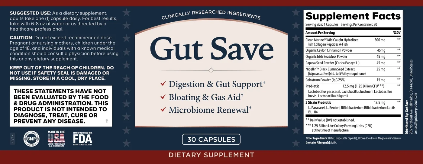 Gut Save Supplement Facts label with suggested use and cautions